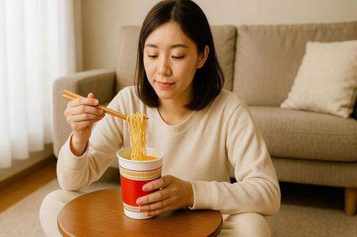 リビングでカップラーメンを食べる女性 リビングでカップラーメンを食べる女性の写真