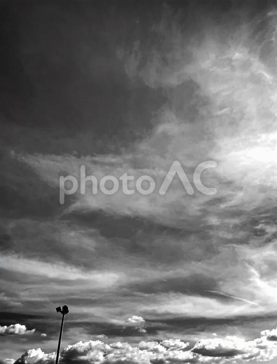 モノトーン　白黒写真　セピア色　褐色　街灯　空　雲　淡い　爽やか　　美しい　光 モノトーン,白黒写真,街灯の写真素材
