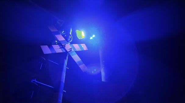 Photo, railroad cross at night, late night, railroad crossing, 