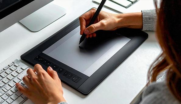 ペンタブレットで絵を描く女性の手もと ペンタブレットで絵を描く女性の手もとの写真