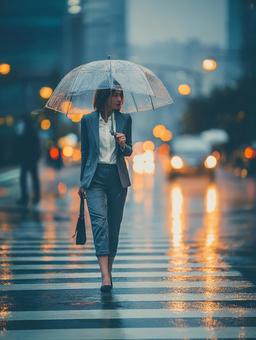 都会の雨の中を歩く女性ビジネスパーソン 都会の雨の中を歩く女性ビジネスパーソンの写真