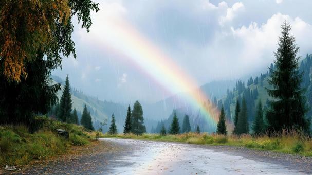 雨の山道にかかる虹、針葉樹の風景 雨の山道にかかる虹、針葉樹の風景の写真