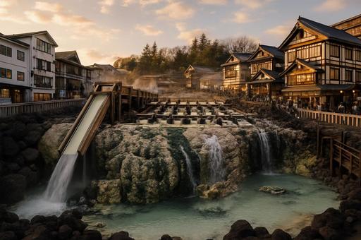 草津温泉の湯畑と旅館 草津温泉の湯畑と旅館の写真