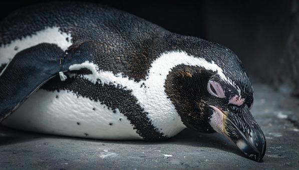 昼寝するペンギンの横顔 昼寝するペンギンの横顔の写真