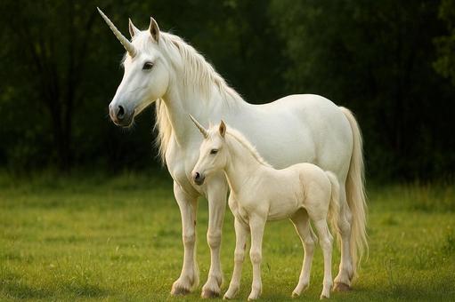 緑の牧草地に佇む、ユニコーンの親子の姿 緑の牧草地に佇む、ユニコーンの親子の姿の写真