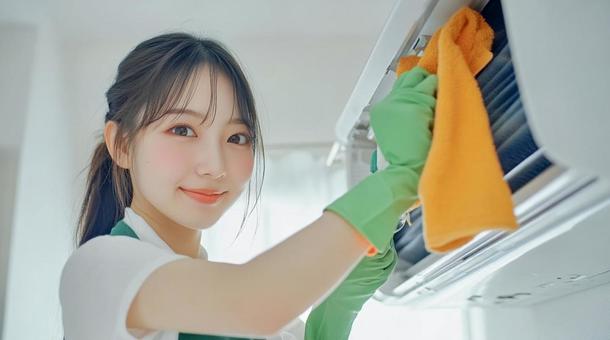 エアコンを掃除する若い女性 エアコンを掃除する若い女性の写真