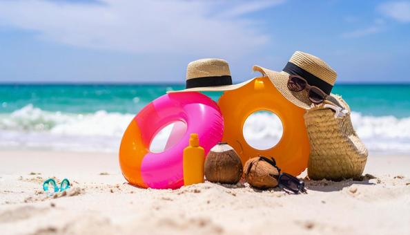 夏のビーチと浮き輪のある風景 夏のビーチと浮き輪のある風景の写真