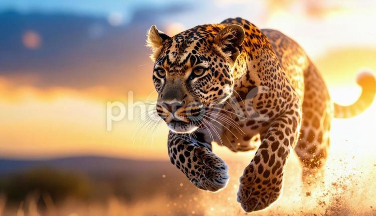 獲物を狙うヒョウ ヒョウ,跳ねる,飛ぶの写真素材