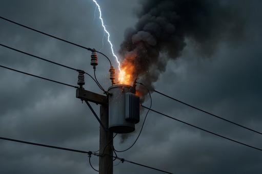落雷で燃える変圧器 落雷で燃える変圧器の写真