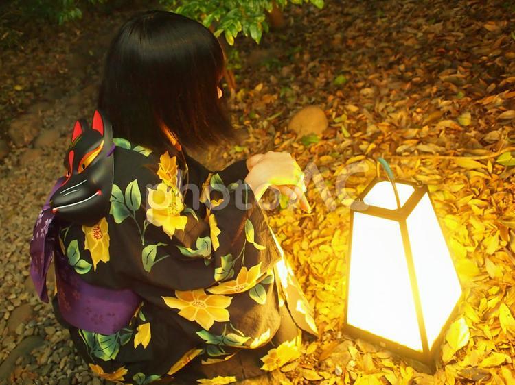 日本の浴衣の女の子と灯り 秋,葉,金のの写真素材