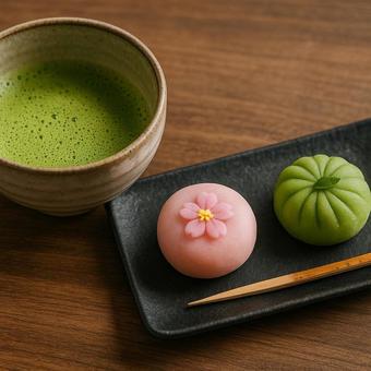 抹茶と和菓子の和風ティータイム 抹茶と和菓子の和風ティータイムの写真