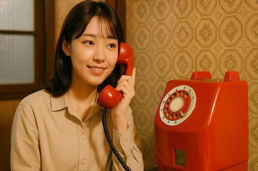 赤電話の受話器を持っている女性・電話中 赤電話の受話器を持っている女性・電話中の写真