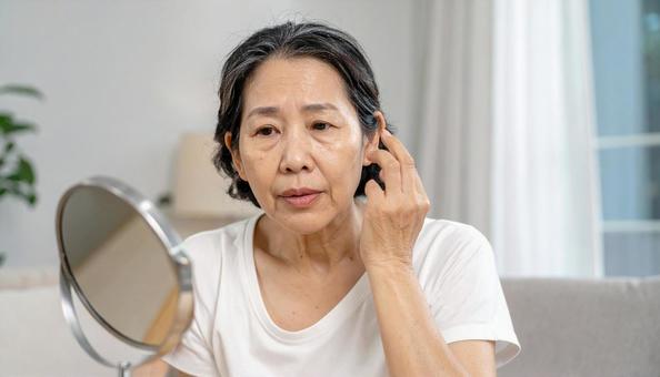 ほうれい線を気にして肌を触る中年の女性 ほうれい線を気にして肌を触る中年の女性の写真