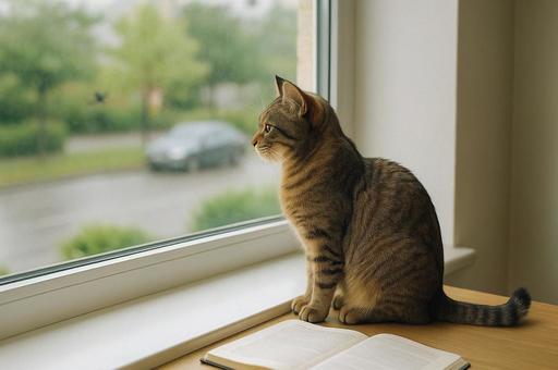 窓辺で外を眺める猫 窓辺で外を眺める猫の写真