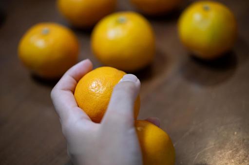 茶色のテーブルの上でみかんを掴む手 みかん,手,柑橘類の写真素材