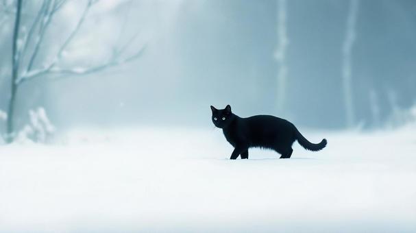 雪の中を黒猫が歩く 雪の中を黒猫が歩くの写真