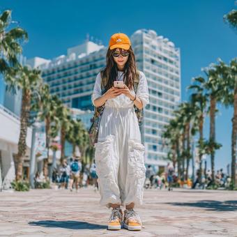 街を歩くストリート系の女性 街を歩くストリート系の女性の写真