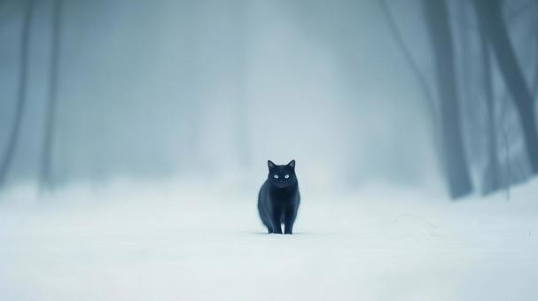 雪の中を黒猫が歩く 雪の中を黒猫が歩くの写真