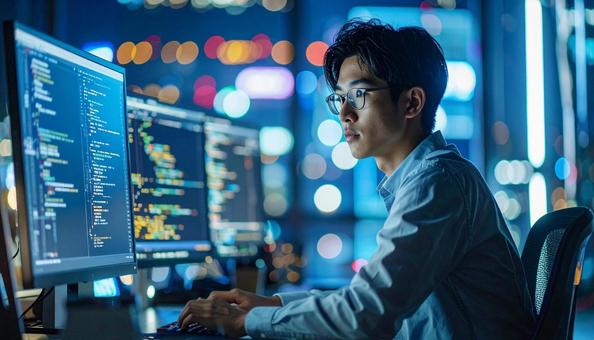 未来的なオフィスで作業するエンジニアの写真