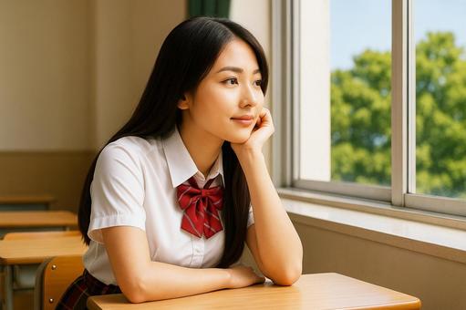 A high school girl looking out the window in the classroom, girls high school student, uniform, ribbon, JPG