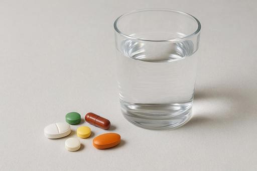 錠剤とカプセル　水の入ったコップの写真
