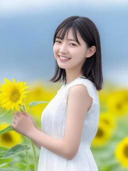 ひまわりと白いワンピースの女性 ひまわりと白いワンピースの女性の写真