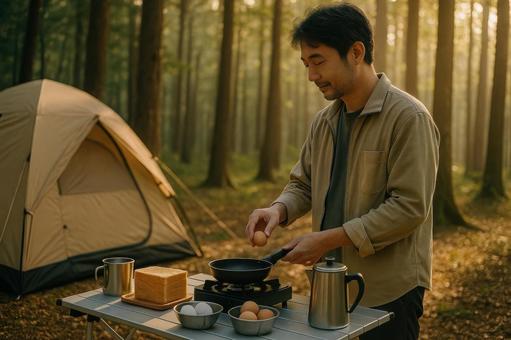 キャンプ場で朝食を準備する男性 キャンプ場で朝食を準備する男性の写真