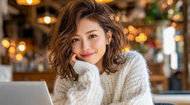 カフェで仕事する女性 カフェで仕事する女性の写真