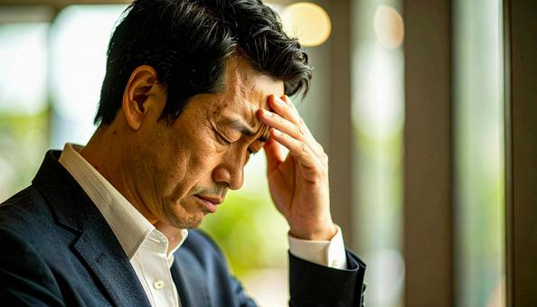 頭を抱えて落ち込む日本人男性 頭を抱えて落ち込む日本人男性の写真