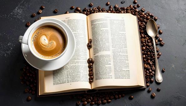 コーヒーと開いたフランス語の辞書 コーヒーと開いたフランス語の辞書の写真
