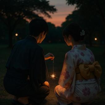 Back view of a couple in yukata gazing at sparklers, yukata, sparkler, a couple, JPG