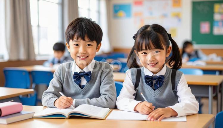 学校の教室で勉強している小学生2人 少年,小学生,塾の写真素材