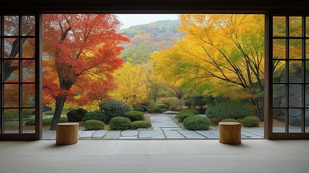 格子窓から見える鮮やかな紅葉の庭園 格子窓から見える鮮やかな紅葉の庭園の写真