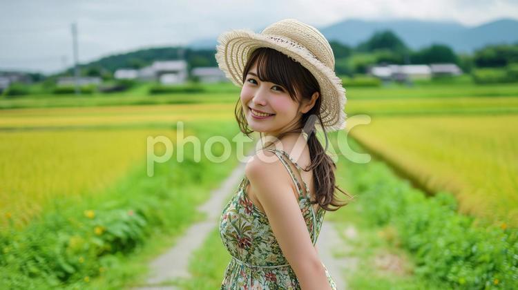 田園風景の道を歩くワンピース姿の女性 田園風景,田んぼ,美人の写真素材