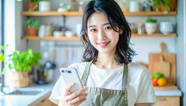 スマホでポイ活する笑顔の女性 スマホでポイ活する笑顔の女性の写真