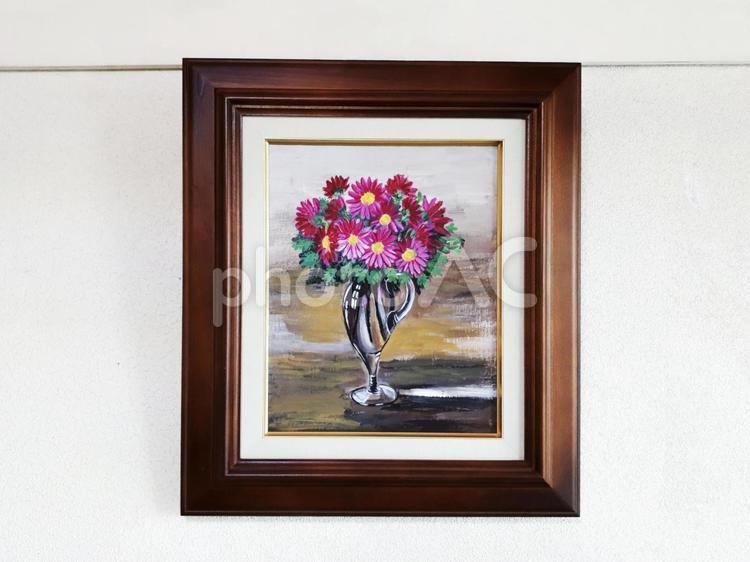 花瓶にさした花束の油絵_正面 額装,油絵,絵画の写真素材