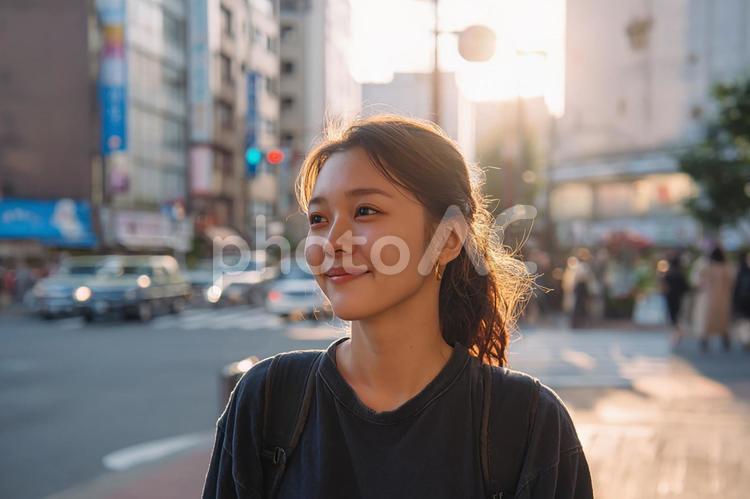 夕焼けに照らされて 女性,日本人,アジア人の写真素材