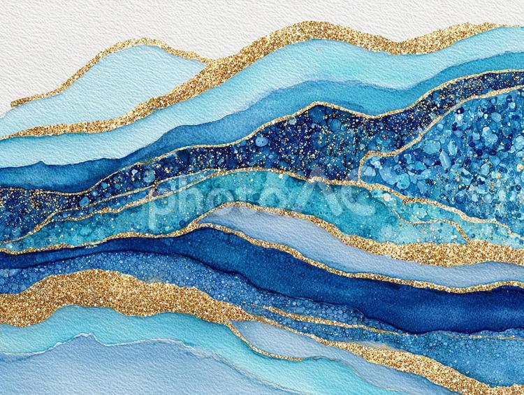 青と金の流れるような抽象的な水彩画 抽象画,テクスチャ,背景の写真素材