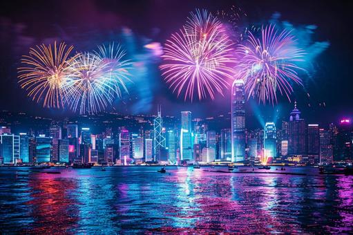 水面に映る夜空の花火 水面に映る夜空の花火の写真