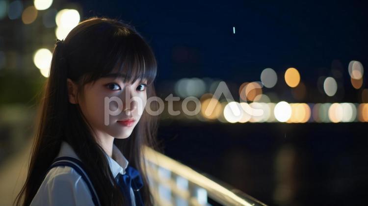 都会の光の中で優雅な美しさ 美少女,ポートレート,夜景の写真素材