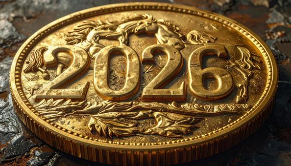 2026の文字と馬が刻まれた金貨 2026の文字と馬が刻まれた金貨の写真