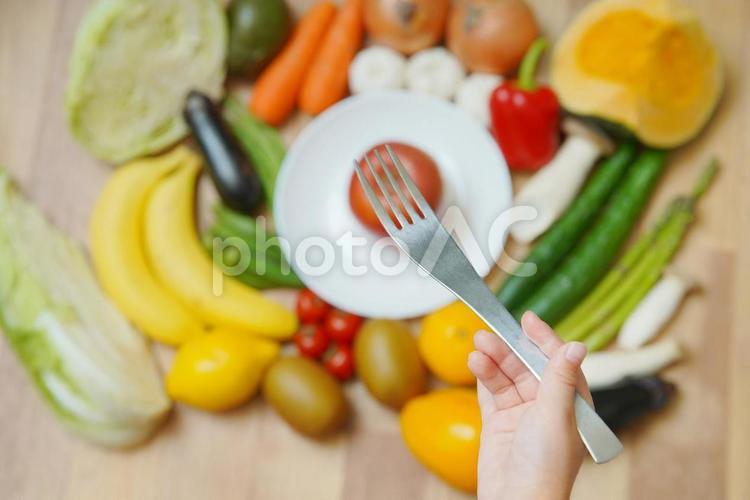 野菜の集合とフォークを持つ子供の手  野菜,果物,食育の写真素材