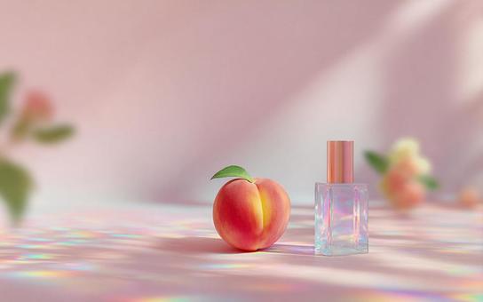 桃と香水瓶 桃と香水瓶の写真