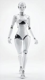白く輝く洗練された女性型ロボットの全身像 白く輝く洗練された女性型ロボットの全身像の写真
