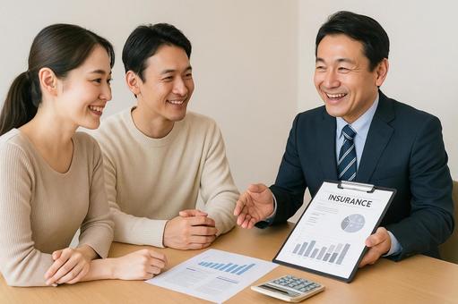 保険相談する若い夫婦とFP 保険相談する若い夫婦とFPの写真