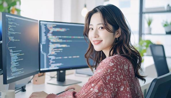 プログラミングをする女性エンジニア プログラミングをする女性エンジニアの写真