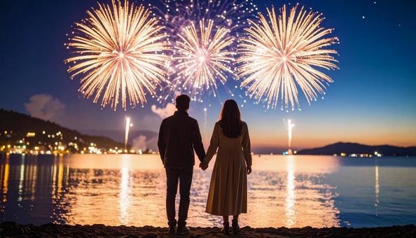 手を繋いで花火を見るカップル 手を繋いで花火を見るカップルの写真