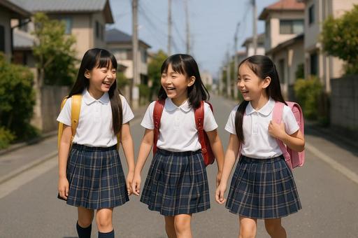 下校/登校中の小学生3人組 下校/登校中の小学生3人組の写真