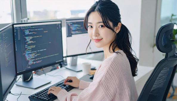 プログラミングをする女性エンジニア プログラミングをする女性エンジニアの写真