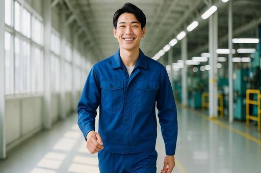 工場内を笑顔で歩く若手作業員・技術者 工場内を笑顔で歩く若手作業員・技術者の写真